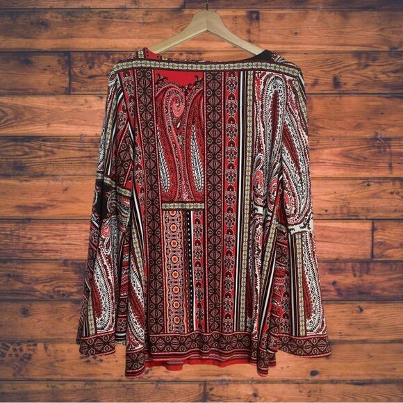 Chico's Red Paisley Bell Sleeve Blouse Size 2/ Large - Picture 2 of 6